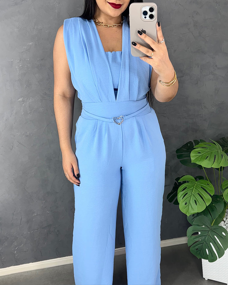 V Neck Lace-Up Waist Meatl Buckle Jumpsuit Casual Shirred Wide Leg Romper