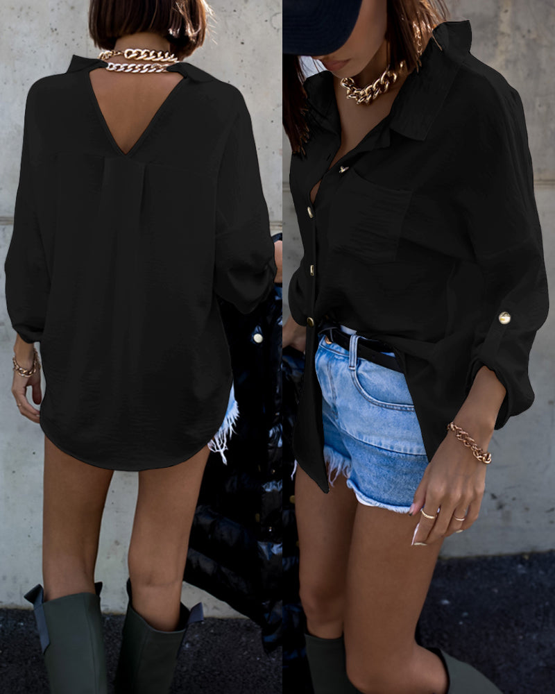 Metal Chain Decor Turn-down Collar Turn-Up Sleeves Front Button Shirt Casual Backless Asymmetrical Hem Top