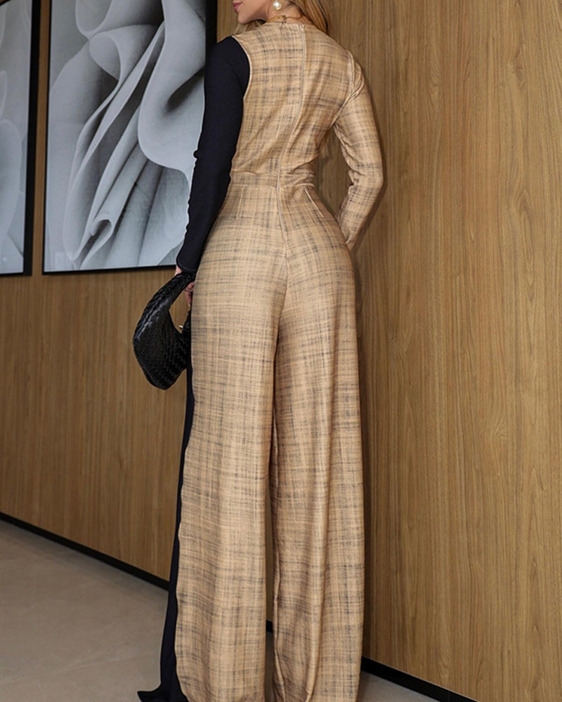 Colorblock Long Sleeve V Neck Faux Two Piece Jumpsuit Casual Wide Leg Romper