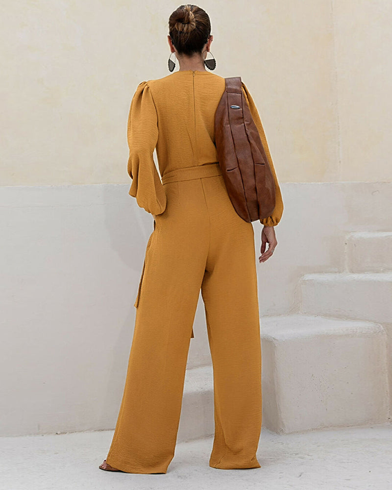 Deep V Neck 3D Design Tie Waist Ruched Overalls Casual Cinched Waist Zipper Back Textured Jumpsuit with Belt