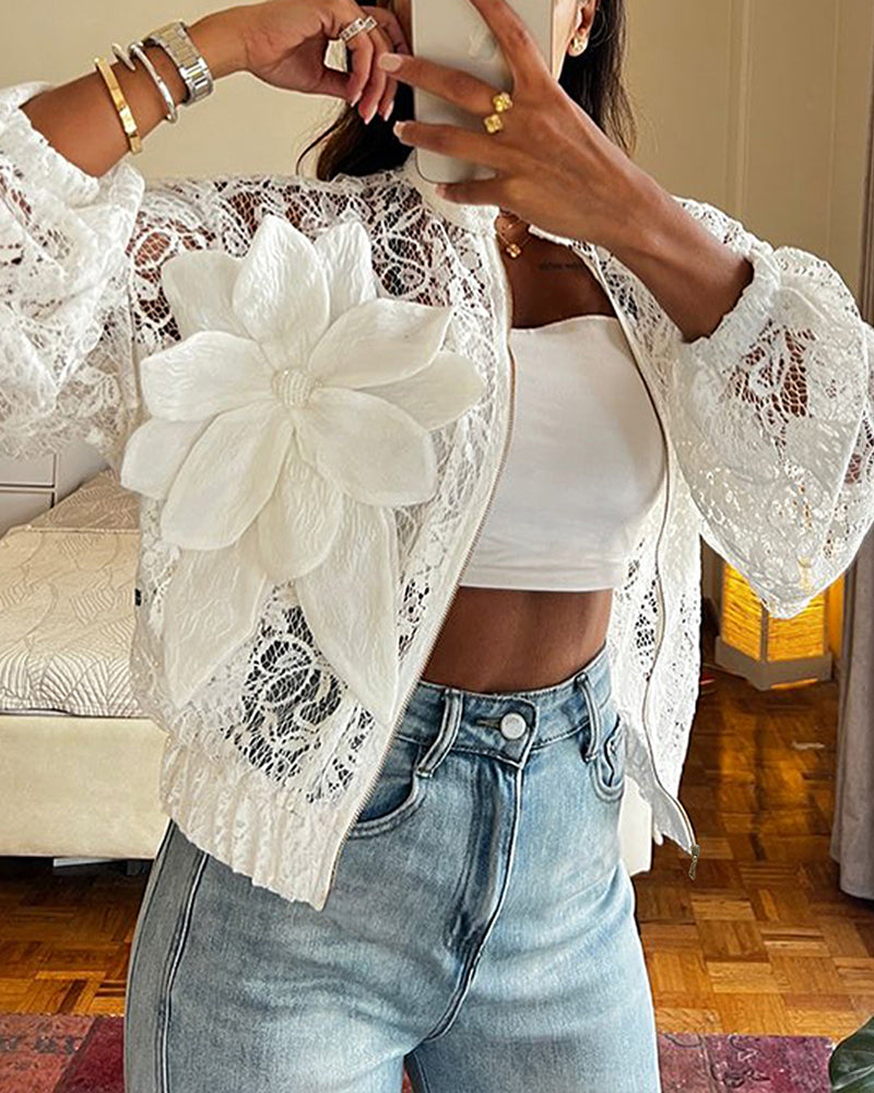 3D Flower Decor Stand Collar Zipper Front Sheer Lace Crop Jacket Casual Stretchy Cuffs Lightweight Breathable Loose Fit Coat