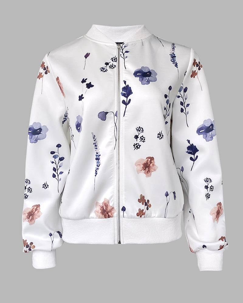 Plants Print Long Sleeve Casual Zipper Baseball Coat