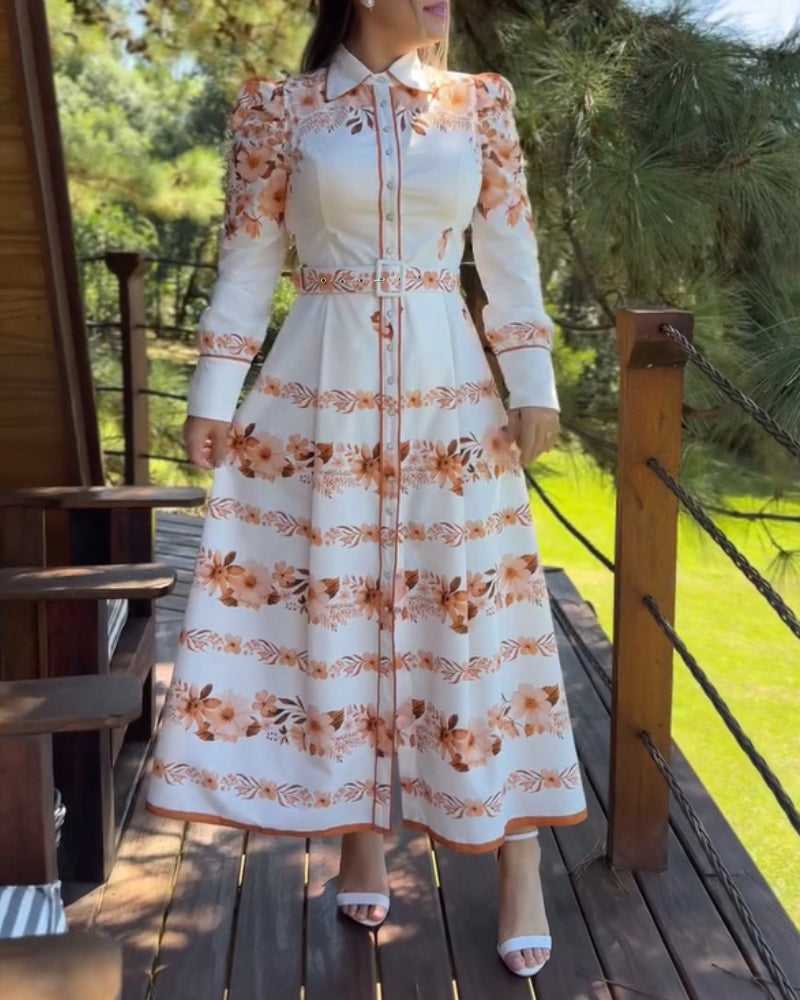 Floral Placement Print Turn-down Collar Puff Sleeve Vacation Dress Casual Button Down Shirt Dress With Belt and Lining