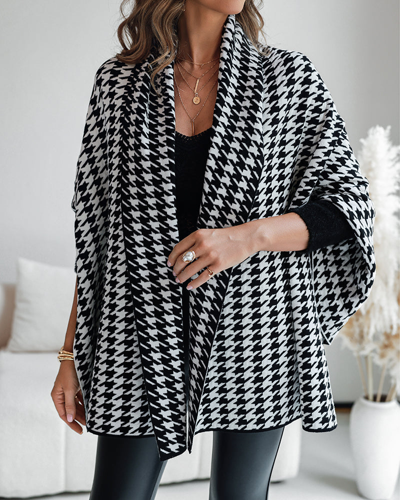 Houndstooth Print Versatile Loose Fit Sweater Coat Casual Warm Cape Shawl