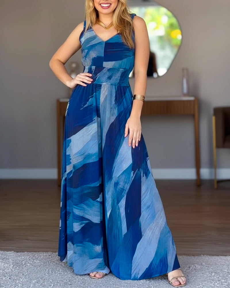 Vintage Abstract Watercolor Print V-Neck Stretchy Thick Straps High Waist Backless Overalls Casual Shirred Waist Cinched Waist Wide Leg Jumpsuit