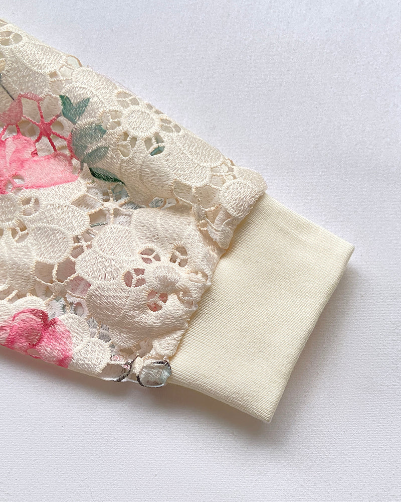 Floral Print Zip Up Water-Soluble Lace Baseball Coat Casual Hollow-out Bomber Crop Jacket