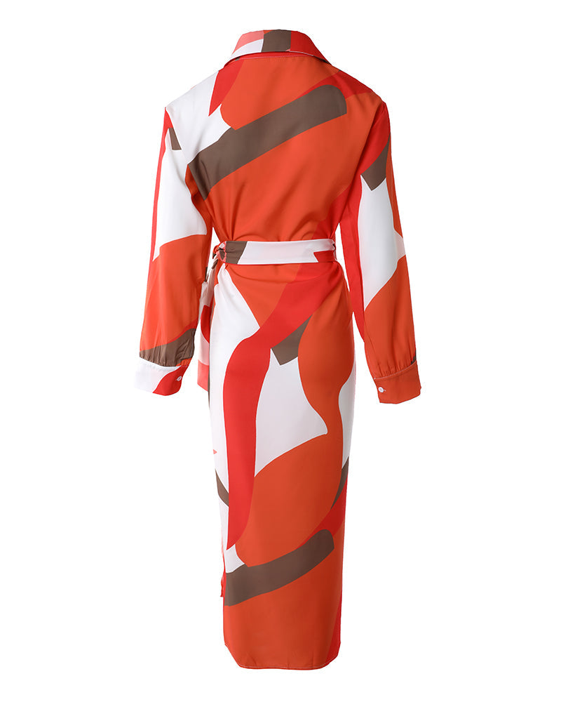 All Over Print Turn Down Collar Tied Detail Dress Casual Ruched Wrap Front Vacation Dress