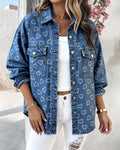 Vintage Heart Jacquard Turn-down Collar Button Front Asymmetrical Hem Jacket Casual Flap Pockets Design Washed Denim Coat