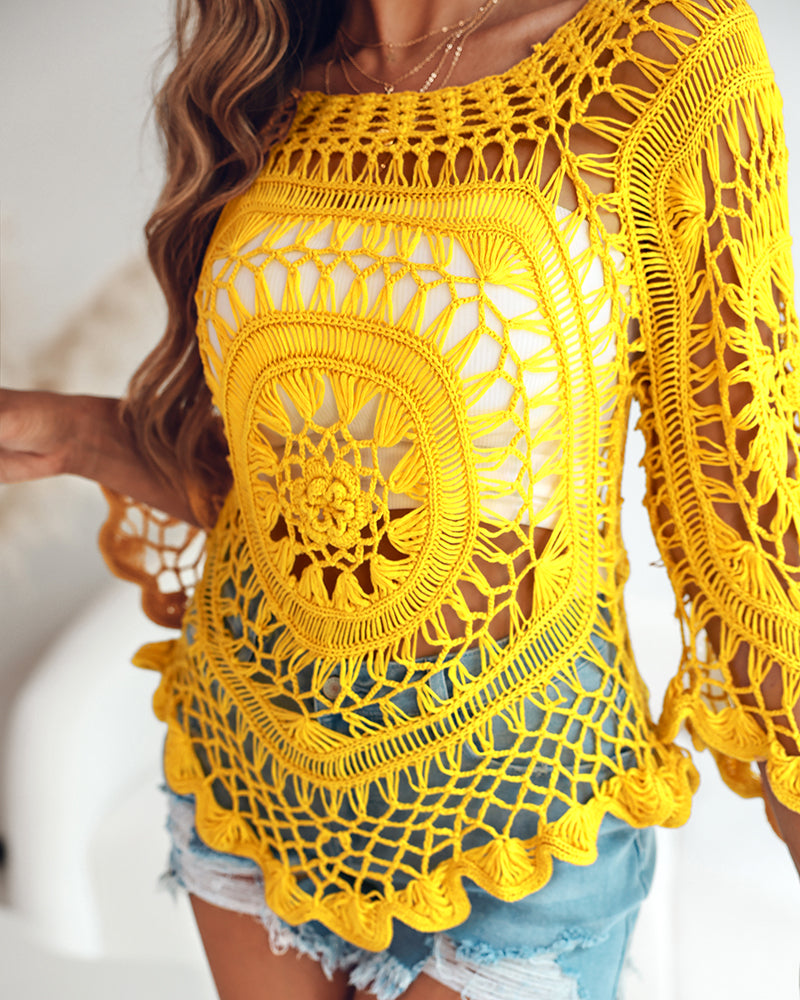 Boat Neck Batwing Sleeve Hollow-out Casual Top Asymmetrical Scallop Hem Crochet Pattern Cover Up
