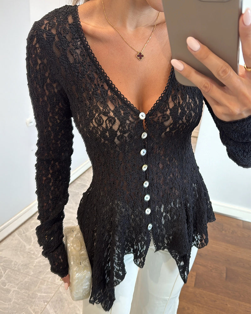 Lace Trim V Neck Button Front Blouse Elegant Asymmetrical Ruffle Hem Top