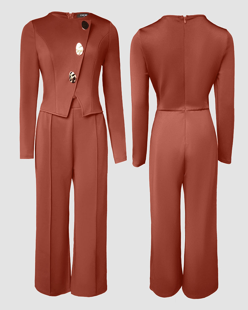 Golden Button Decor Long Sleeve Seam Front Overalls Casual Zipper Back Faux Two-Piece Commuting Jumpsuit