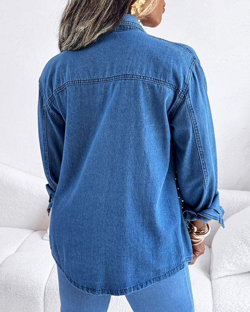 Pearls & Rhinestone Decor Turn-down Collar Button Front Denim Shirt Coat Casual Top