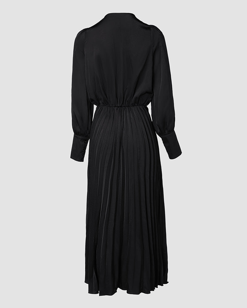 Elegant Women's Puff Long Sleeve V-neck Pleated Maxi Dress Dinner Dress (Without Belt)