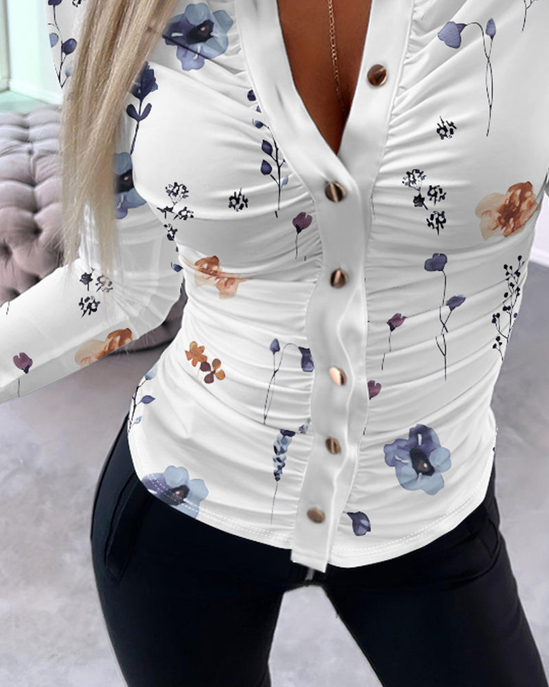 Floral Print Turn-down Collar Long Sleeve Metal Button Front Blouse Ruched Slim Fit Top