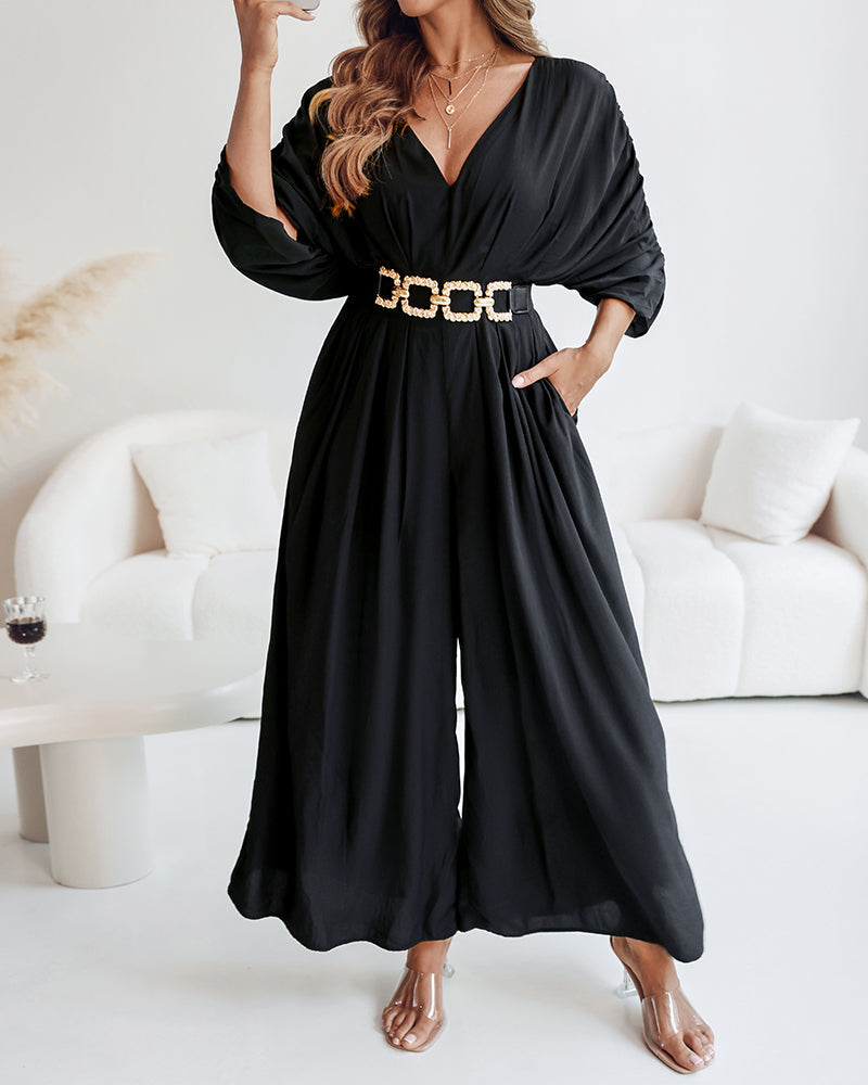 Deep V-Neck Ruched Three Quarters Sleeve Backless Overalls Casual Waist-Gathered Tied Detail Jumpsuit without Belt