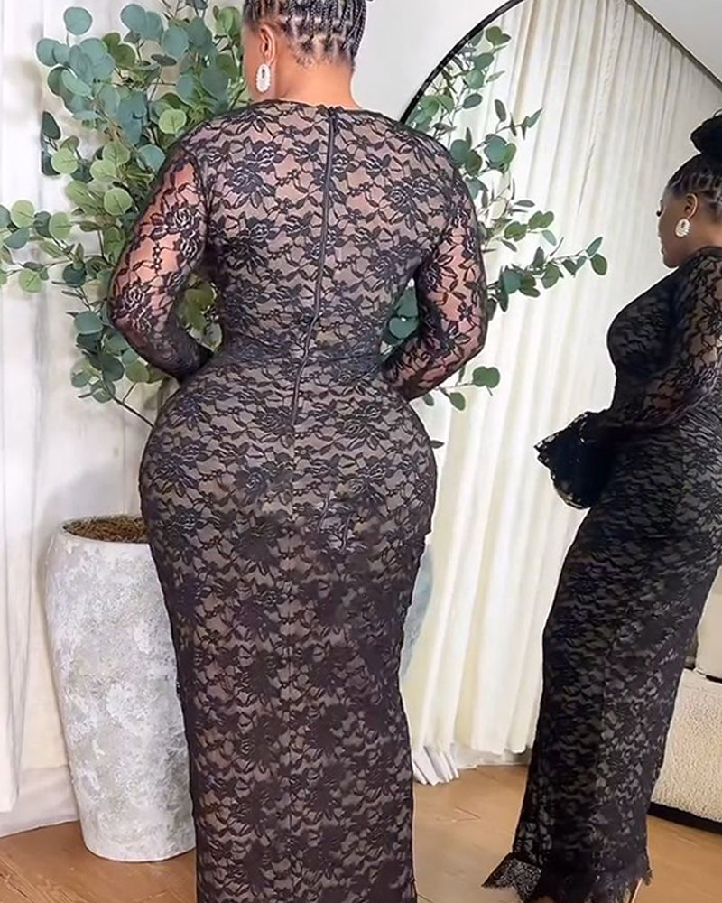 Elegant Lace Plunge V Neckline Long Sleeve Dress Casual Slim Fit Slit Evening Maxi Dress