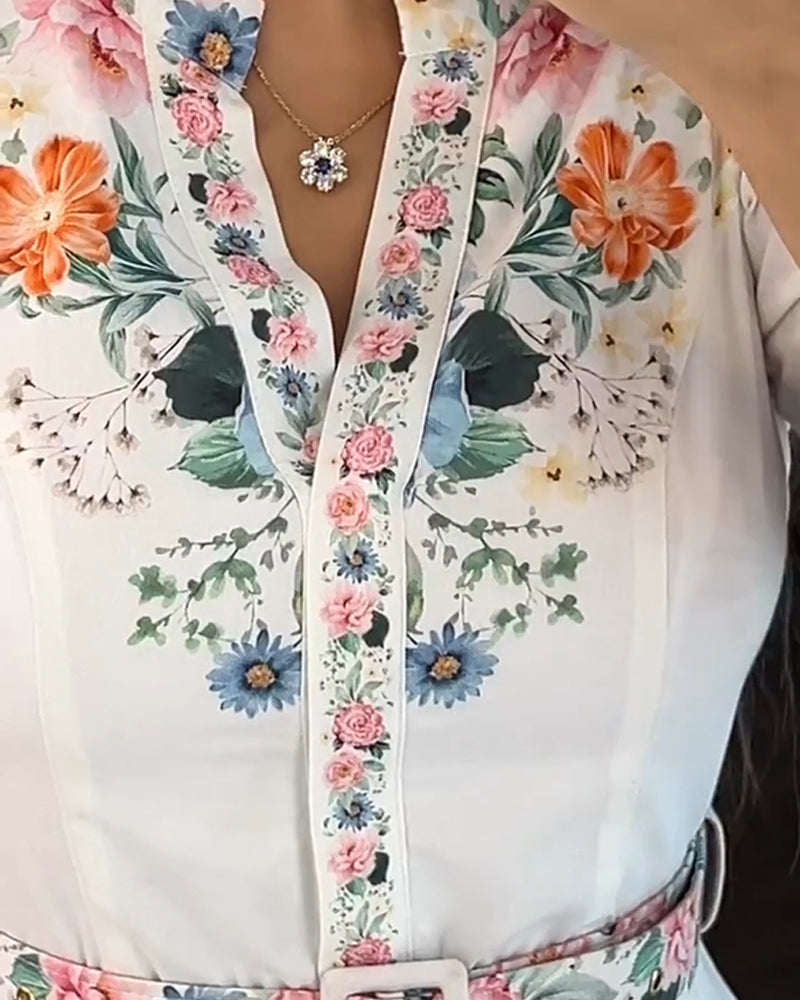 Floral Print V Neck Three Quarters Tied Detail Blouse Dress Casual A Line Slim Fit Maxi Dress