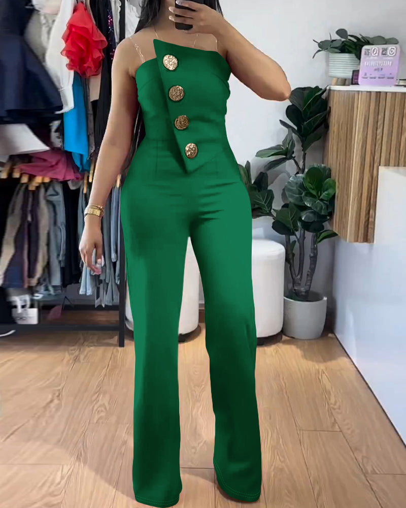 Asymmetrical Bandeau Strapless Jumpsuit Metal Button Decor Casual Overalls