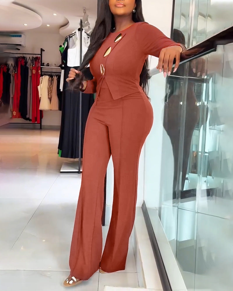 Golden Button Decor Long Sleeve Seam Front Overalls Casual Zipper Back Faux Two-Piece Commuting Jumpsuit