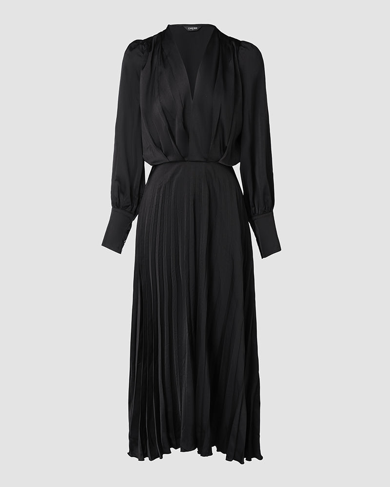 Elegant Women's Puff Long Sleeve V-neck Pleated Maxi Dress Dinner Dress (Without Belt)