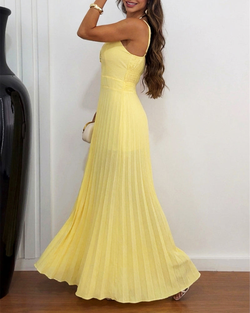 Metal Decor Deep V-Neck Adjustable Spaghetti Straps Hollow-out Front Overalls Casual Shirred Back Cinched Waist Pleated Wide Leg Jumpsuit