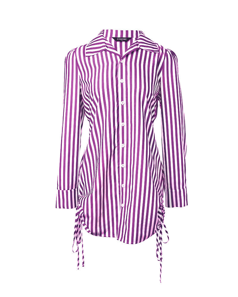 Striped Turn-down Collar Long Sleeve Dress Button Drwastring  Shirred Dress