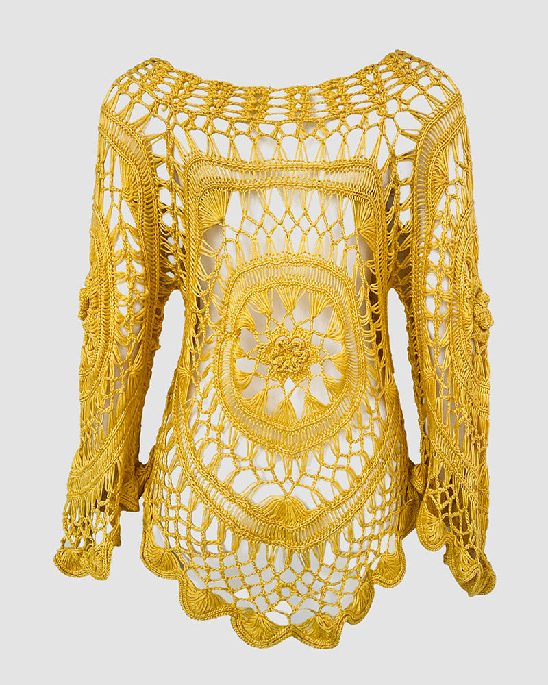 Boat Neck Batwing Sleeve Hollow-out Casual Top Asymmetrical Scallop Hem Crochet Pattern Cover Up