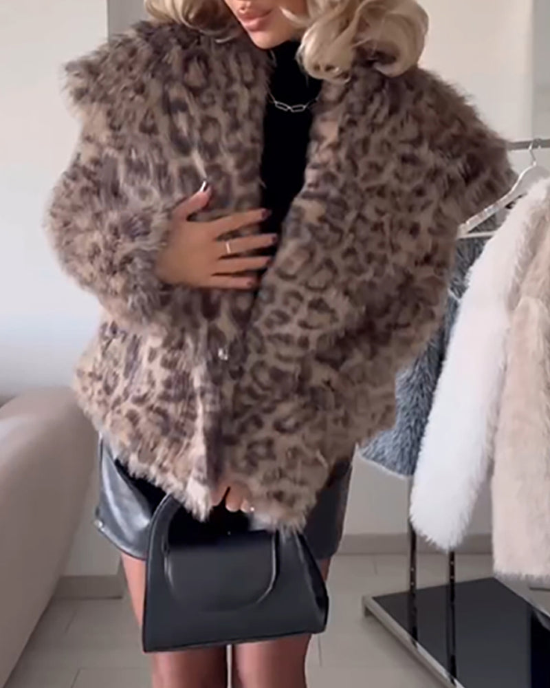 Turn-down Collar Long Sleeve Faux Fur Coat Jacket Casual Warm Fluffy Cropped Coat