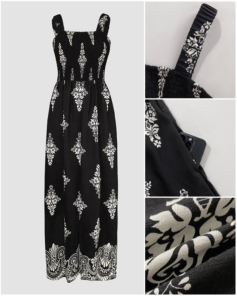 Graphic Print Square Neck Thick Strap Shirred Jumpsuit Wide Leg Overalls with Pockets