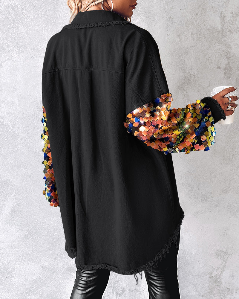 Contrast Sequin Long Sleeve Jacket Top Button Front Raw Hem Loose Fit Shacket