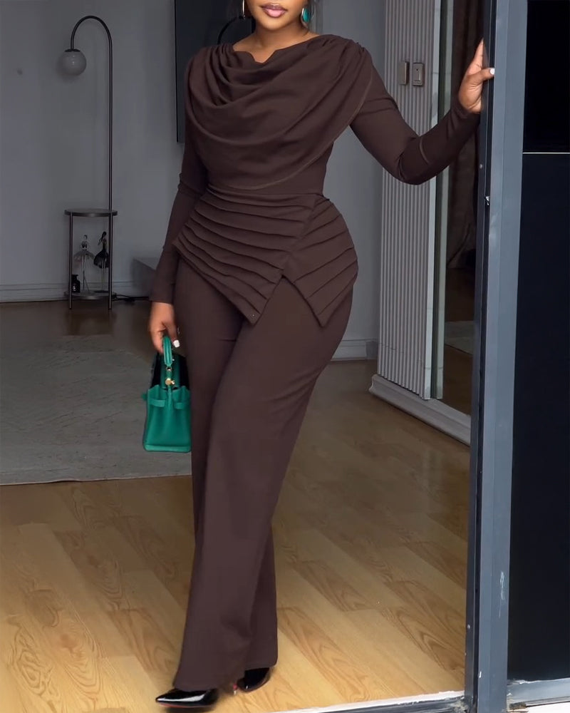 Cowl Neck Asymmetrical Textured Patchwork Cinched Waist Jumpsuit Casual Zipper Back Wide Leg Jumpsuit