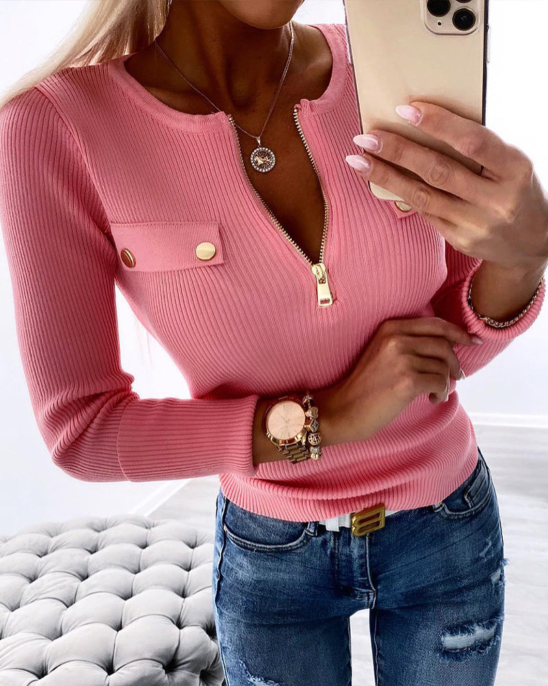 Crewneck Half Zipper Flap Detail Knit Sweater Long Sleeve Slim Fit Ribbed Pullover Top