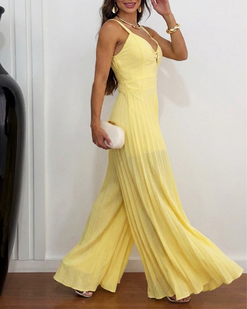 Metal Decor Deep V-Neck Adjustable Spaghetti Straps Hollow-out Front Overalls Casual Shirred Back Cinched Waist Pleated Wide Leg Jumpsuit