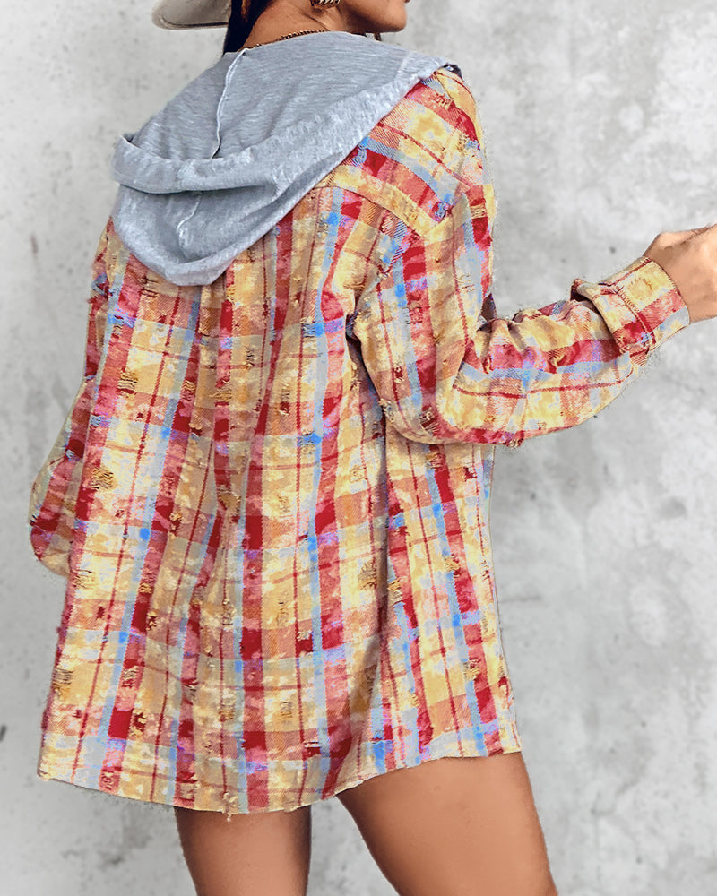 Colorblock Plaid Print Hooded Distressed Button Front Coat Shacket
