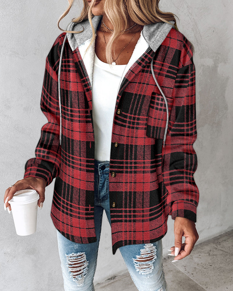 Plaid Print Button Front Pocket Design Drawstring Hoodie Jacket Casual Asymmetrical Hem Thermal Lined Warm Coat