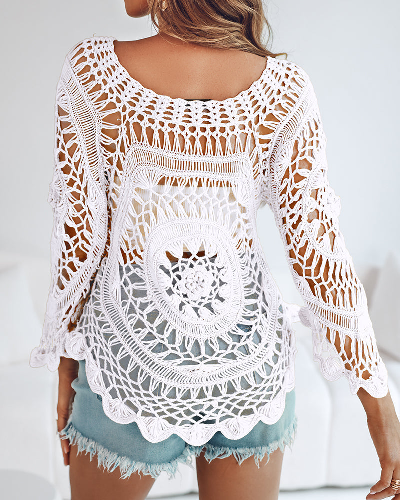 Boat Neck Batwing Sleeve Hollow-out Casual Top Asymmetrical Scallop Hem Crochet Pattern Cover Up