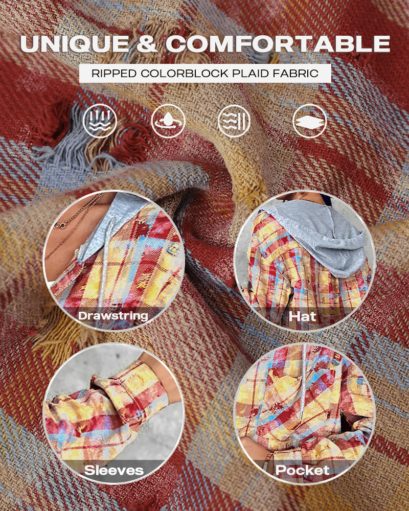 Colorblock Plaid Print Hooded Distressed Button Front Coat Shacket