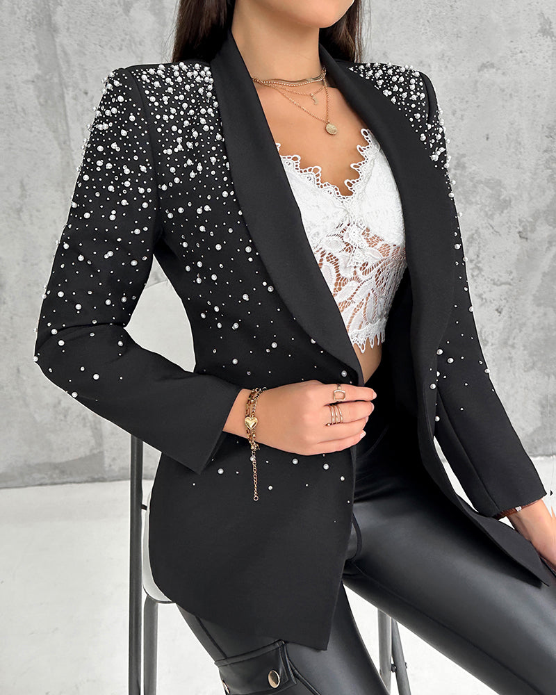 Rhinestone & Pearls Decor Shawl Collar Long Sleeve Blazer Coat