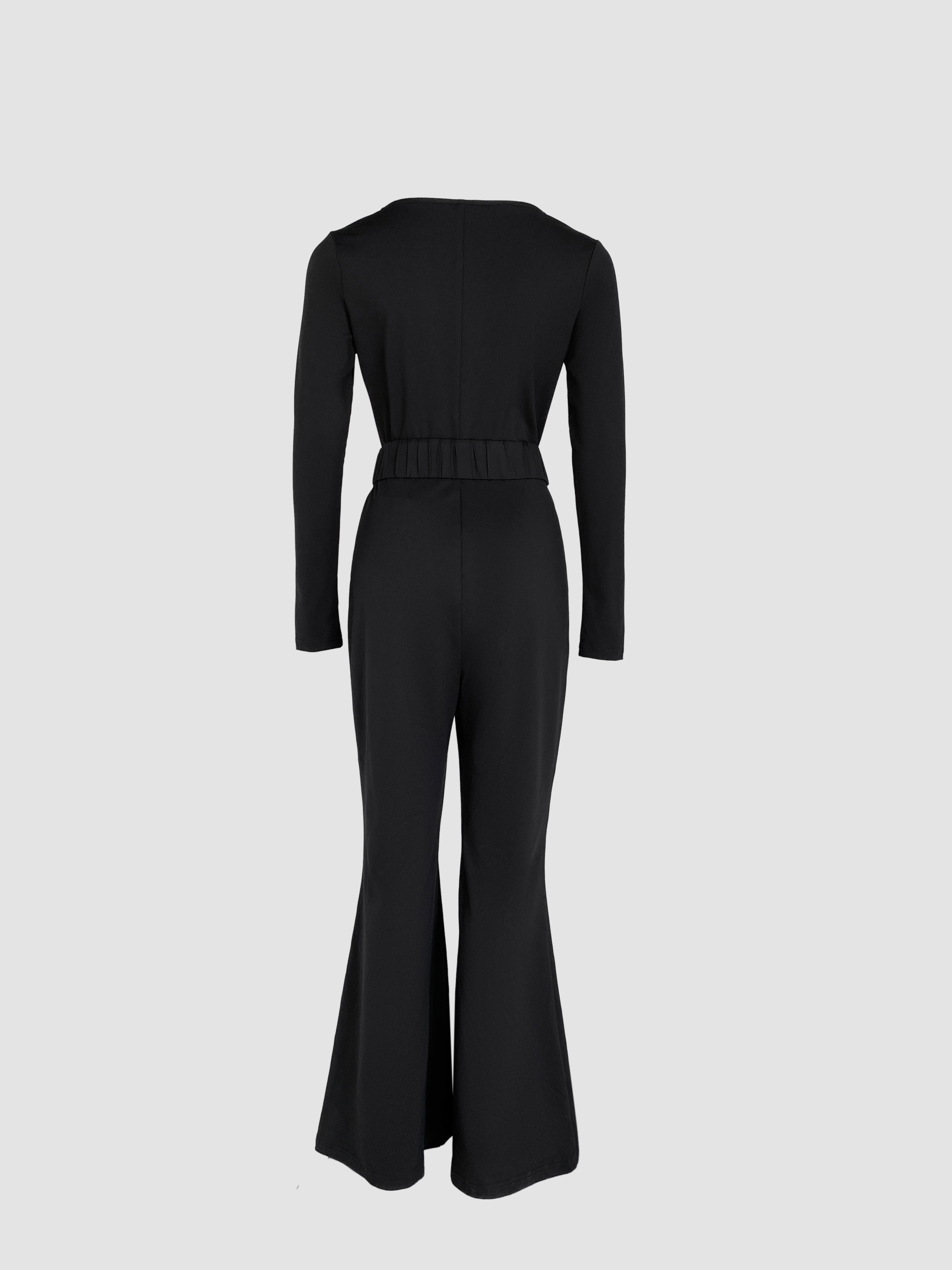 U-Neck Zipper Front Long Sleeve Slim Fit Flared Jumpsuit with Belt