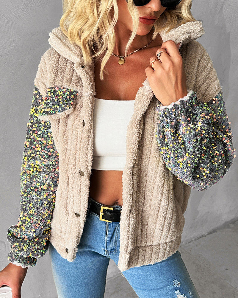 Turn-down Collar Sequin Patch Teddy Jacket