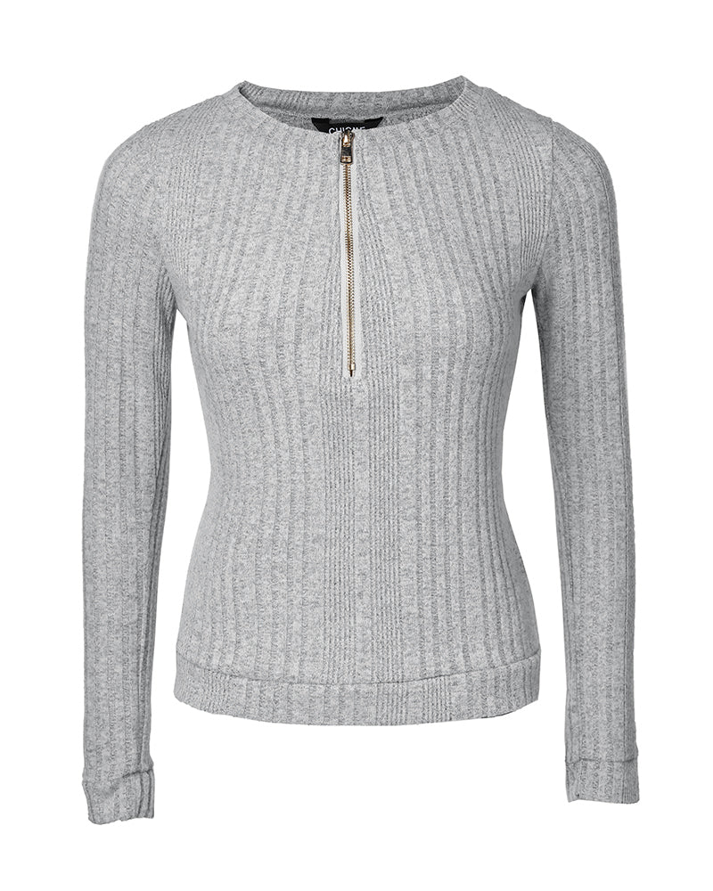Crewneck Long Sleeve Ribbed Top Half Zipper Design Casual Pullover Tops