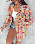 Colorblock Plaid Print Hooded Distressed Button Front Coat Shacket