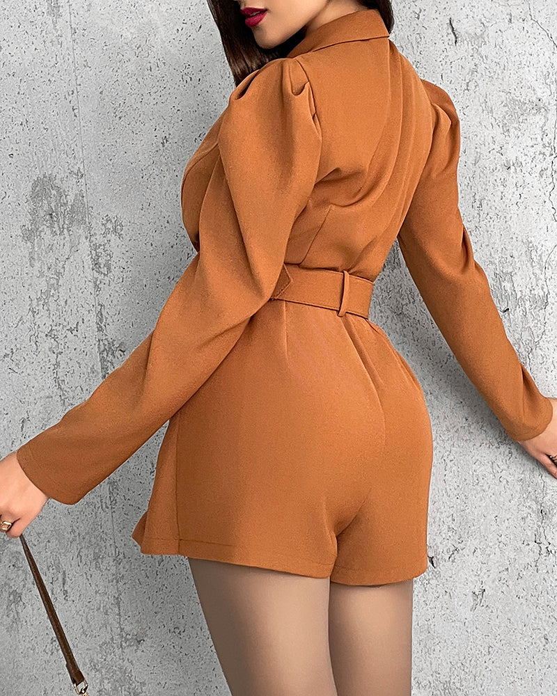 Notched Collar Puff Sleeve 2-in-1 Blazer Romper with Detachable Belt