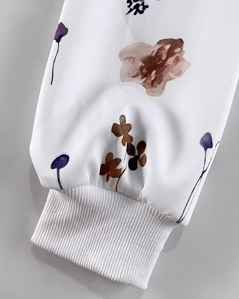 Plants Print Long Sleeve Casual Zipper Baseball Coat