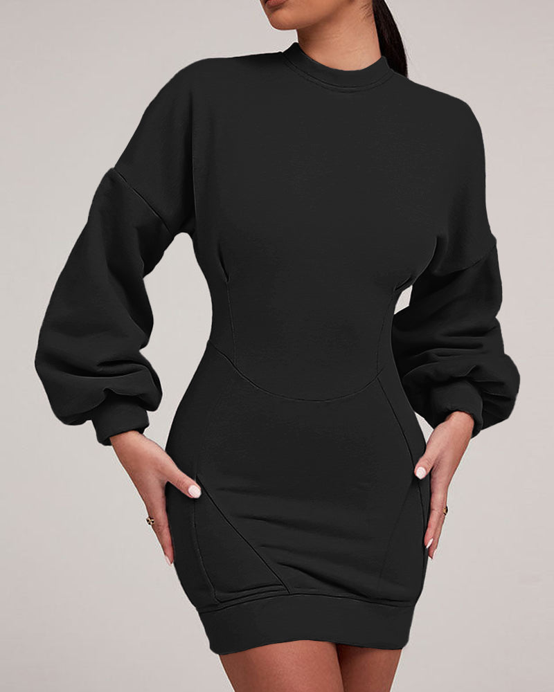 Lantern Sleeve Bodycon Pullover Sweatshirt Dress Crew Neck Mini Dress