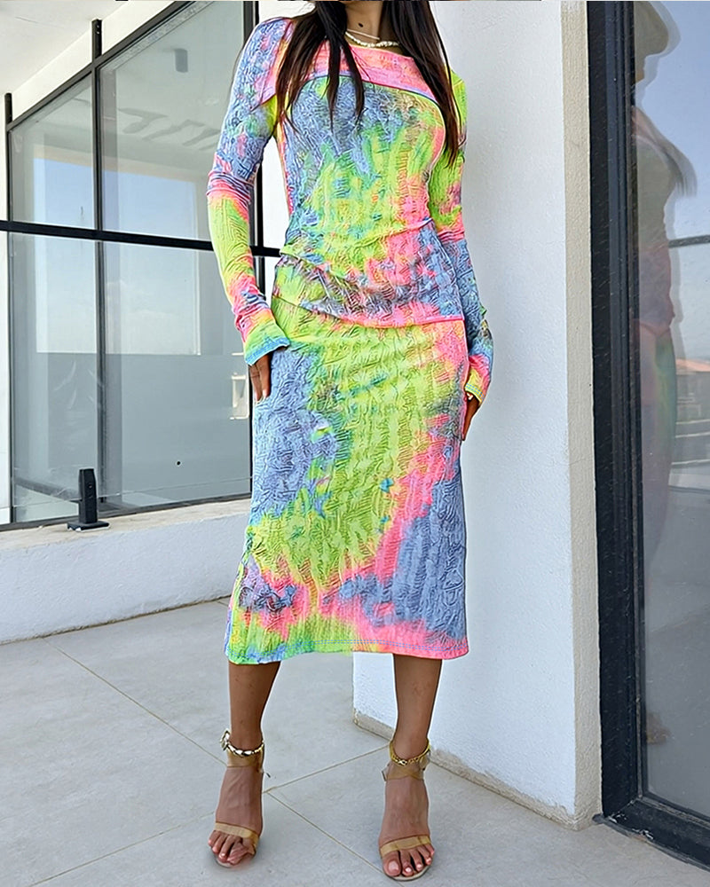 Tie Dye Print Foldover Off Shoulder Long Sleeve Textured Bodycon Dress Casual Ripped Detail High Strech Vacation Dress