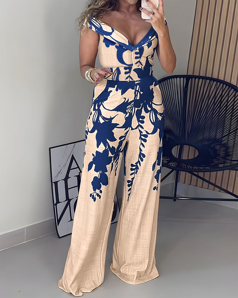 Floral Print Off Shoulder Sleeveless Deep V-Neck Jumpsuit Casual Zipper Side Wide Leg Jumpsuit