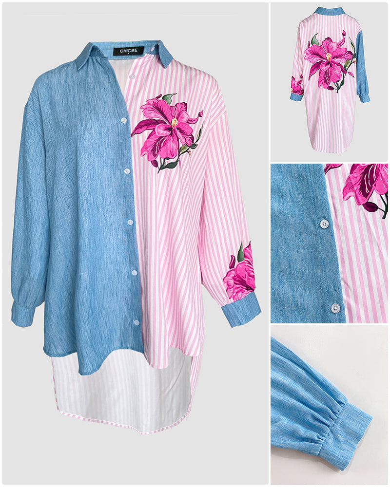Striped & Floral Print Turn-down Collar Denim Look Spliced Button Front Blouse Casual High-Low Hem Top