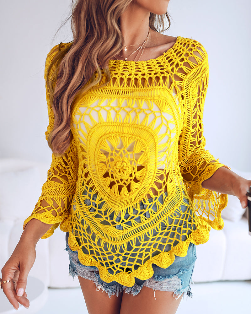 Boat Neck Batwing Sleeve Hollow-out Casual Top Asymmetrical Scallop Hem Crochet Pattern Cover Up