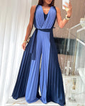 Colorblock Sleeveless Criss Cross Plunge V Neck Jumpsuit Casual Waist Tied Detail Pleated Romper